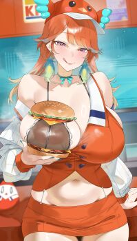 1girl :q absurdres alternate_breast_size_(larger) blush bow bow_choker breasts burger byeon_dha choker commentary covered_erect_nipples cowboy_shot curvy earrings feather_earrings feathers food green_choker hat highres holding holding_food hololive hololive_english huge_breasts jewelry looking_at_viewer microskirt navel orange_hair orange_skirt plump purple_eyes skirt solo takanashi_kiara takanashi_kiara_(1st_costume) tongue tongue_out virtual_youtuber