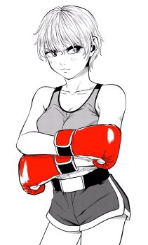 1girl :/ boxing_gloves breasts collarbone commentary_request cowboy_shot dolphin_shorts eyelashes gloves greyscale hatching_(texture) highres lee_(dragon_garou) light_blush linea_alba medium_breasts midriff monochrome original red_gloves serious short_hair short_shorts shorts sideways_glance solo sports_bra spot_color v-shaped_eyebrows