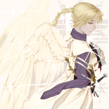 1girl amputee angel_wings blonde_hair book braid brown_eyes chi.:_chikyuu_no_undou_ni_tsuite dress highres holding holding_book jolenta jumpsymphony light_smile long_hair parted_lips purple_shirt shirt shirt_under_dress single_braid solo sparkle sword upper_body weapon white_dress wings
