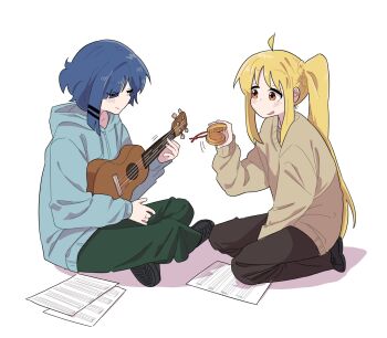 blonde_hair blue_hair bocchi_the_rock! hair_ornament hairclip highres holding_instrument holding_ukulele hood hoodie ijichi_nijika instrument mole schu_1112 sheet_music side_ponytail ukulele yamada_ryo