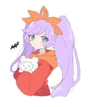 1girl ahoge ashley_(warioware) ashley_(warioware)_(cosplay) bat_(animal) blue_eyes closed_mouth cosplay cropped_torso dress hairband highres hood hood_down kuma_(pripara) long_hair long_sleeves looking_at_viewer manaka_laala nintendo nojima_minami orange_hairband pretty_series pripara purple_hair red_dress simple_background solo twintails upper_body warioware white_background