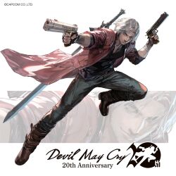 Rule 34 | 1boy, anniversary, belt, blue eyes, boots, coat, commentary, company name, copyright name, dante (devil may cry), devil may cry (series), devil may cry 5, dual wielding, ebony &amp; ivory, facial hair, fingerless gloves, gloves, gun, handgun, highres, holding, holding gun, holding weapon, jacket, knee boots, logo, looking at viewer, male focus, medium hair, mita chisato, open clothes, open coat, pants, rebellion (sword), red coat, red jacket, shirt, smile, solo, sword, weapon, weapon on back, white hair, zoom layer