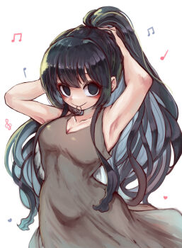 1girl armpits arms_behind_head arms_up black_eyes black_hair blush breasts cleavage collarbone commentary dress grey_dress hair_tie_in_mouth hands_in_own_hair highres holding holding_own_hair kimi_no_koto_ga_dai_dai_dai_dai_daisuki_na_100-nin_no_kanojo lapi-p long_hair looking_at_viewer medium_breasts mouth_hold musical_note no_pupils simple_background sleeveless sleeveless_dress solo tying_hair very_long_hair white_background zetsubouda_meru