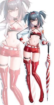 1girl absurdres belt black_choker black_hair black_survival blue_eyes boots breasts choker criss-cross_halter cropped_jacket eternal_return:_black_survival gloves grin hairband halterneck hand_on_own_hip hashtag-only_commentary high_heel_boots high_heels highleg highres hisui_(black_survival) jacket long_sleeves looking_at_viewer medium_hair multicolored_hair open_clothes open_jacket panty_straps race_queen red_boots red_shirt red_shorts sharp_teeth shiny_clothes shirt short_shorts shorts simple_background sleeveless sleeveless_shirt small_breasts smile solo striped_umbrella suisen_(suisenhwa) teeth thigh_boots thigh_strap thighs two-tone_hair two_side_up umbrella white_background white_gloves white_jacket zoom_layer