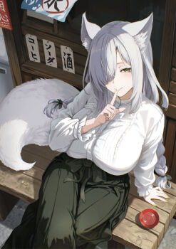 1girl animal_ear_fluff animal_ears arm_at_side bench black_bow black_skirt bow braid breasts closed_mouth commentary_request commission cowboy_shot crossed_legs cup day finger_to_mouth fox_ears fox_girl fox_tail frilled_shirt frilled_sleeves frills from_above green_eyes grey_hair hair_bow hair_over_one_eye half-closed_eyes hand_up high-waist_skirt huge_breasts light_blush long_hair looking_at_viewer looking_up low_twin_braids menu miyabinp on_bench one_eye_covered original outdoors pleated_skirt sakazuki shirt sitting skeb_commission skirt smile solo tail twin_braids white_shirt