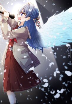 1girl black_background blue_eyes blue_hair blue_ribbon blue_wings brown_dress cardigan commentary dress feathered_wings feet_out_of_frame grey_cardigan hair_ornament hair_ribbon hajimari_no_haneoto half_updo hasu_no_sora_school_uniform highres kanduki_kamibukuro link!_like!_love_live! long_hair long_sleeves looking_ahead love_live! medium_dress murano_sayaka neckerchief open_cardigan open_clothes open_mouth pleated_dress red_neckerchief red_ribbon ribbon sailor_collar sailor_dress school_uniform solo song_name spotlight standing star_(symbol) star_hair_ornament virtual_youtuber white_sailor_collar wings winter_uniform