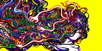 Rule 34 | 1other, abstract, bad source, bubble, colored skin, colorful, expressionless, from side, hair over one eye, hands in hair, highres, key visual, long hair, looking at viewer, multicolored eyes, official art, omocat, original, pale skin, pixiv, promotional art, psychedelic, second-party source, sparkle, surreal, very long hair, wacom, white skin, yellow background