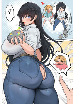 2girls ? absurdres arato_nagi ass ass_cutout ass_peek black_hair blue_hoodie blue_pants breasts butt_crack clothing_cutout clueless commentary denim earrings green_eyes hammer highres hood hoodie huge_ass huge_breasts jeans jewelry long_hair looking_back minori_(user_eket5233) multiple_girls open_mouth orange_hair pants pointing pov pov_hands purple_eyes ruri_no_houseki shirt sidelocks skirt smile spoken_character spoken_question_mark stud_earrings symbol-only_commentary tanigawa_ruri torn_clothes torn_pants twisted_torso wardrobe_malfunction white_shirt white_skirt