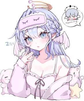 1boy 1girl aqua_eyes braid chibi commentary crown_braid frilled_shirt_collar frills halo han_2792 head_wings highres honkai:_star_rail honkai_(series) long_hair mask mask_on_head purple_hair ribbon robin_(honkai:_star_rail) siblings sleep_mask sleepwear stuffed_toy sunday_(honkai:_star_rail) symbol-only_commentary tank_top water white_background wings