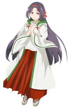 1girl ahoge black_hair full_body hair_ribbon hairband hakama hakama_skirt headband highres japanese_clothes kimono long_hair long_sleeves looking_at_viewer miko nogi_wakaba_wa_yuusha_de_aru open_mouth own_hands_clasped own_hands_together parted_lips purple_hair red_eyes red_hairband red_hakama red_headband red_ribbon ribbon sandals simple_background skirt solo standing tabi tenma_(0806) transparent_background uesato_hinata very_long_hair white_background white_kimono wide_sleeves yuusha_de_aru zouri