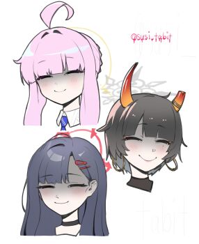 3girls absurdres ahoge black_choker black_eyes black_hair blue_archive blush broken_horn choker commentary cropped_shoulders earrings hair_ornament hairclip half-closed_eyes highres hoop_earrings horns ichika_(blue_archive) jewelry kaya_(blue_archive) long_hair mole mole_under_eye multiple_girls niya_(blue_archive) pink_hair shaded_face short_hair simple_background smile susi_tabit twitter_username white_background