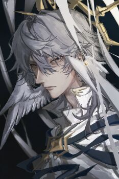 1boy absurdres black_background closed_mouth commentary english_commentary grey_hair hair_between_eyes halo halo_behind_head head_wings highres honkai:_star_rail honkai_(series) looking_at_viewer male_focus mx.ka piercing short_hair simple_background solo spiked_halo sunday_(honkai:_star_rail) wing_piercing wings yellow_eyes