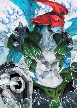 Rule 34 | aiming, aiming at viewer, armor, broken glass, commentary request, cowboy shot, digimon, digimon (creature), dragon, glass, green armor, highres, miura satoru, paildramon, red eyes, solo