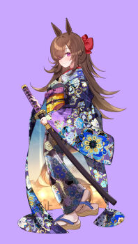 Rule 34 | 1girl, absurdres, animal ears, blush, bow, brown hair, closed mouth, eyes visible through hair, floral print, floral print kimono, from side, hair bow, hair over one eye, half updo, highres, holding, holding sword, holding weapon, horse ears, horse girl, horse tail, japanese clothes, katana, kimono, long hair, looking at viewer, obi, platform sandals, print kimono, purple hair, purple kimono, red bow, rice shower (umamusume), sandals, sash, smile, socks, solo, sword, tail, umamusume, weapon, white socks, yellow sash, yomean!