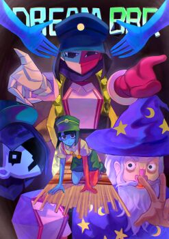 1boy 3girls anxiety_ena beard black_hair colored_skin ena:_dream_bbq ena_(dream_bbq) ena_(series) ena_(species) facial_hair full_beard green_hat hangover_ena hashtag-only_commentary hat highres multiple_girls red_skin salesperson_ena shaman_(ena) shirt split-color_skin usagimarumei white_shirt wizard wizard_hat