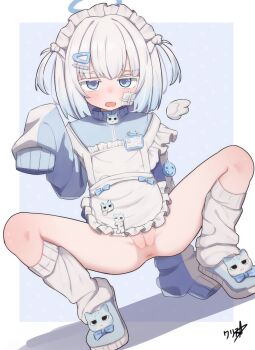 1girl absurdres anus apron blue_eyes boppin commentary commission english_commentary halo highres indie_virtual_youtuber jacket large_variant_set loli looking_at_viewer loose_socks maid maid_headdress open_mouth pixiv_commission pussy sleeves_past_fingers sleeves_past_wrists socks solo squatting two_side_up unconventional_maid variant_set white_apron white_socks