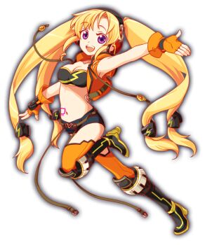 1girl anime_coloring artist_request bandeau bare_arms bare_shoulders belt belt_buckle belted_vest black_bandeau black_boots boots breasts brown_belt buckle collar collarbone collared_vest crash_fever denim drawstring fingerless_gloves full_body game_cg gloves gold_buckle hair_intakes hair_ornament hairclip headphones helena_(crash_fever) high_collar high_heel_boots high_heels knee_boots leg_up lightning_bolt_print lightning_bolt_symbol long_belt medium_breasts micro_shorts midriff narrow_waist navel number_tattoo numbered official_art open_hands open_mouth orange_collar orange_gloves orange_thighhighs orange_vest outline parted_bangs purple_eyes quad_tails red_outline shorts sidelocks skinny solo square square_tattoo tachi-e tattoo teeth thighhighs third-party_source tongue transparent_background upper_teeth_only vest