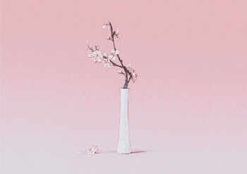 Rule 34 | absurdres, branch, cherry blossoms, comiket 107, commentary request, flower, gradient background, highres, invisible floor, mitsubachi (roundbee), no humans, original, petals, pink background, pink flower, pink theme, plant, plant focus, shadow, still life, vase