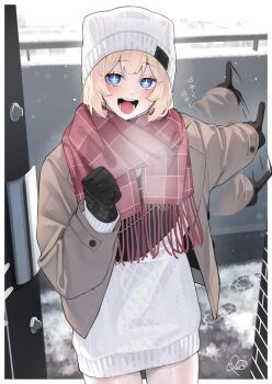 Rule 34 | + +, 1girl, :d, afterimage, black gloves, blonde hair, blue eyes, blush, brown jacket, commentary request, day, doorway, gloves, hair ornament, hairclip, haru (rerrere), highres, jacket, open clothes, open door, open jacket, open mouth, original, plaid clothes, plaid scarf, pointing, pov doorway, rerrere, scarf, smile, snow, solo focus, sweater, translation request, white sweater
