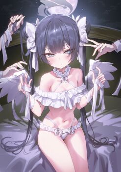 1girl alternate_costume bandaged_arm bandages bare_shoulders bikini black_hair blue_archive blush closed_mouth double_bun flat_chest frilled_bikini frills grey_eyes grey_halo hair_bun halo highres holding_another&#039;s_hair kisaki_(blue_archive) long_hair navel off-shoulder_bikini off_shoulder sidelocks sitting stomach swimsuit twintails white_bikini white_wings wings yampa