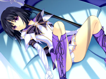 1990s_(style) 1girl bishoujo_senshi_sailor_moon black_bow black_hair boots bow brooch earrings elbow_gloves female_focus gloves highres jewelry knee_boots kobayashi_chisato lying magical_girl panties purple_boots purple_eyes purple_skirt retro_artstyle sailor_moon_musical sailor_saturn sailor_senshi short_hair silence_glaive skirt solo spread_legs star_brooch tomoe_hotaru underwear upskirt weapon white_gloves