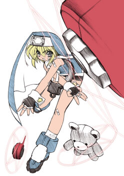 1boy :d ankle_boots bandaid bandaid_on_cheek bandaid_on_face bandaid_on_knee bandaid_on_leg bandaid_on_shoulder bike_shorts black_gloves black_shorts blonde_hair blue_boots blue_veil blue_vest boots bridget_(guilty_gear) cross cross_print dynamic_pose fingerless_gloves foot_up_heel_up full_body gloves grey_eyes guilty_gear guilty_gear_xx guimpe hair_between_eyes incoming_attack jewelry leaning_forward looking_at_viewer male_focus neck_ribbon nun object_belt open_mouth oversized_object pentagram print_wrist_cuffs ribbon ring roger_(guilty_gear) ruuen_rouga shirt shorts sidelocks simple_background sleeveless sleeveless_shirt smile socks standing standing_on_one_leg stuffed_animal stuffed_toy teddy_bear throwing_yo-yo trap two-sided_veil v-shaped_eyebrows veil vest white_background white_ribbon white_shirt white_socks white_trim white_wrist_cuffs wrist_cuffs yo-yo