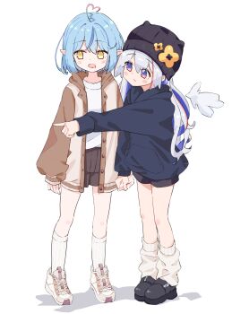 2girls absurdres aged_down ahoge amane_kanata angel_wings beanie black_hat black_shoes blue_hair blue_hoodie brown_jacket colored_inner_hair commentary elf full_body grey_hair hashtag-only_commentary hat hat_ornament heart heart_ahoge highres holding_hands hololive hood hoodie jacket knees long_hair loose_socks medium_hair multicolored_hair multiple_girls open_clothes open_jacket open_mouth pointing pointy_ears purple_eyes serious shigeo_(shg_kmkr) shirt shoes shorts sneakers socks sweater virtual_youtuber white_background white_shirt white_socks wings yellow_eyes yukihana_lamy
