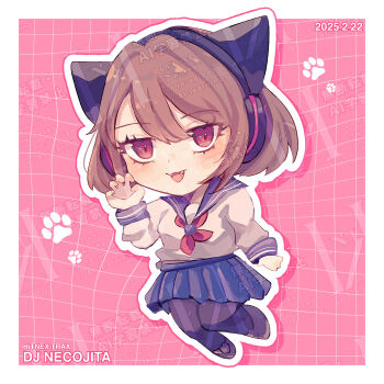 1girl alternate_hair_color animal_ear_headphones animal_ears bob_cut border brown_hair cat_ear_headphones cat_ears character_name chibi chibi_only commentary_request copyright_name dj_necojita english_text fake_animal_ears fangs grid_background hazume headphones highres hitnex j-core jitome long_sleeves looking_at_viewer open_mouth outline pantyhose pink_background pleated_skirt sailor_collar school_uniform serafuku shoes short_hair simple_background skirt solo too_many_watermarks watermark white_border white_outline