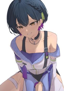 Rule 34 | 1girl, absurdres, black choker, black hair, black shorts, black sports bra, bra strap, braid, brown eyes, center-flap bangs, chain, chain necklace, choker, colored inner hair, commentary request, double-parted bangs, furisode sleeves, grin, highres, jacket, jewelry, kaekae kaeru, layered sleeves, long sleeves, multicolored hair, necklace, nijisanji, off shoulder, official alternate costume, official alternate hair length, official alternate hairstyle, pixie cut, purple hair, purple tube top, short shorts, shorts, side braid, silver necklace, single bare shoulder, single suspender, slit pupils, smile, solo, sports bra, strapless, tube top, virtual youtuber, white jacket, wide sleeves, yamagami karuta, yamagami karuta (4th costume)