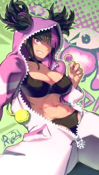 1girl arm_support black_bra black_hair black_panties bra breasts candy capcom collarbone cosplay cowboy_shot female_focus food green_background grin hair_over_one_eye han_juri hand_up highres kigurumi large_breasts leaning_back lollipop looking_at_viewer messy_hair multicolored_hair official_alternate_costume onesie open_clothes open_onesie panties pink_background pink_eyes pink_hair pink_onesie ryuji_(red-truth) short_hair sitting smile smug solo spread_legs streaked_hair street_fighter street_fighter_6 teeth twintails two-tone_background two-tone_hair underwear unzipped zipper