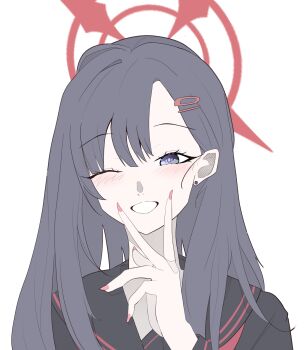 Rule 34 | 1girl, absurdres, amebrew, black hair, black sailor collar, black shirt, blue archive, blush, commentary request, earrings, fingernails, hair ornament, hairclip, halo, hand up, highres, ichika (blue archive), jewelry, long fingernails, long hair, long sleeves, looking at viewer, nail polish, one eye closed, pink nails, purple eyes, sailor collar, school uniform, serafuku, sharp fingernails, shirt, simple background, smile, solo, stud earrings, unusually open eyes, upper body, v, v over mouth, white background