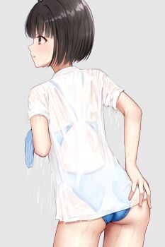 ass black_hair blue_one-piece_swimsuit commentary_request competition_swimsuit from_behind grey_background highres ncontrail_(mgax7527) one-piece_swimsuit original racerback see-through_clothes see-through_shirt shirt short_hair simple_background swimsuit swimsuit_under_clothes t-shirt white_shirt