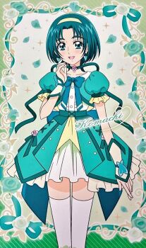 1girl akimoto_komachi alternate_costume anime_coloring artist_request back_bow border bow bow_skirt bowtie butterfly_earrings buttons center_frills character_name choker collared_shirt commentary corset cowboy_shot cropped_jacket cross-laced_clothes cross-laced_skirt dress_shirt earrings english_commentary flower frilled_skirt frilled_sleeves frills gradient_border green_background green_border green_bow green_bowtie green_choker green_corset green_eyes green_flower green_hair green_jacket green_ribbon green_rose green_skirt green_theme hairband hand_on_own_cheek hand_on_own_face happy heart heart_of_string jacket jewelry knees layered_skirt light_blush long_hair looking_at_viewer low_ponytail miniskirt neck_flower neck_ribbon official_art open_clothes open_jacket open_mouth outside_border parted_bangs petals picture_frame pink_flower pink_rose pleated_skirt ponytail precure puffy_short_sleeves puffy_sleeves ribbon rose rose_petals shirt short_sleeves skirt smile solo standing striped_border tareme thighhighs third-party_source two-sided_fabric two-sided_jacket white_arm_warmers white_shirt white_skirt white_thighhighs yellow_hairband yes!_precure_5 yes!_precure_5_gogo! zettai_ryouiki