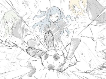 Rule 34 | 3girls, ball, bang dream!, bang dream! it's mygo!!!!!, black shirt, black socks, blonde hair, blue hair, green hair, hair ornament, hair ribbon, hairclip, highres, kanade (kanade 3344), long hair, medium hair, misumi uika, multiple girls, open mouth, ribbon, shirt, short sleeves, soccer, soccer ball, socks, togawa sakiko, two side up, wakaba mutsumi, white shirt, yellow eyes