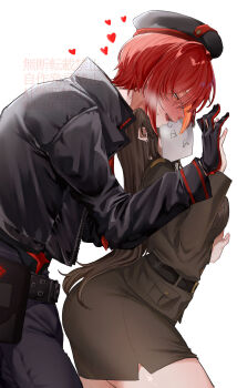 absurdres arched_back belt belt_buckle bibie307 black_belt black_gloves black_jacket black_pants blush breasts brown_hair brown_shirt brown_skirt buckle commander_(nikke) commentary_request cropped_legs ear_piercing genderswap genderswap_(ftm) genderswap_(mtf) gloves goddess_of_victory:_nikke heart highres jacket large_breasts leaning_forward long_sleeves looking_at_another open_clothes open_jacket open_mouth pants paper_on_head piercing rapi_(nikke) rapi_(red_hood)_(nikke) red_eyes red_hair shirt simple_background skirt smile standing teeth upper_teeth_only white_background zipper