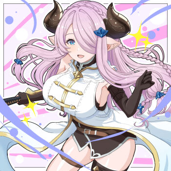 1girl black_gloves blue_eyes border breasts coat cowboy_shot daiichi_(k_daiiti) elbow_gloves gloves granblue_fantasy hair_over_one_eye highres horns katana large_breasts narmaya_(granblue_fantasy) pointy_ears purple_hair simple_background solo sword weapon white_border white_coat