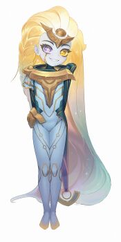 1girl arms_behind_back blonde_hair blue_skin child colored_skin female_focus flat_chest full_body gradient_hair green_hair grin henz_(ketchupp) heterochromia league_of_legends legs_together long_hair looking_at_viewer multicolored_hair prestige_eternal_aspect_zoe purple_eyes simple_background smile solo standing teeth two-tone_hair very_long_hair white_background white_skin yellow_eyes zoe_(league_of_legends)