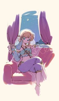 1boy anklet aqua_eyes aqua_shirt aqua_sleeves barefoot blonde_hair circlet crescent_moon crop_top crossdressing crossed_legs curtains detached_sleeves earrings gerudo_set_(zelda) gold_trim headscarf highres jewelry link low_ponytail male_focus midriff moon mouth_veil nintendo official_alternate_costume parted_bangs pointy_ears ponytail shirt sidelocks sitting solo the_legend_of_zelda the_legend_of_zelda:_breath_of_the_wild tkdnlerkdtpfsut veil veil_removed