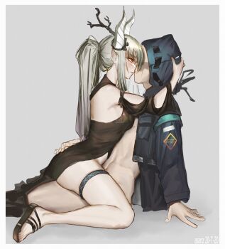Rule 34 | 1boy, 1girl, arknights, breasts, doctor (arknights), hetero, highres, horns, long hair, pointy ears, red eyes, sandals, sex, shining (arknights), sideboob, tagme