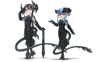 Rule 34 | 2girls, absurdres, black hair, black horns, black necktie, black pantyhose, black skirt, black suit, blue eyes, blue hair, blue necktie, breasts, bright pupils, buttons, claws, dragon girl, dragon horns, formal clothes, forward-facing horns, full body, green eyes, hair between eyes, hair ornament, hairclip, high heels, highres, horns, jolly roger, kmbk, long bangs, long sleeves, looking at viewer, mechanical hands, mechanical horns, mechanical tail, multiple girls, necktie, original, pantyhose, pointy ears, ponytail, salute, shirt, short ponytail, simple background, skirt, skirt suit, skull and crossed swords, slit pupils, small breasts, smile, standing, stylus, suit, tail, wacom, white background, white pupils, white shirt