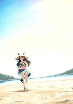 1girl absurdres animal_ears baasaku_(balasaku24) bare_shoulders beach bikini bird black_hair blue_bikini blue_sarong breasts closed_mouth collarbone commentary_request ears_through_headwear floral_print floral_print_bikini floral_print_sarong green_eyes hair_between_eyes hat highres horse_ears horse_girl jewelry long_hair looking_at_viewer navel necklace negative_space ocean official_alternate_costume official_alternate_hairstyle outdoors print_bikini running sandals sarong satono_crown_(sunny_island_splendor)_(umamusume) satono_crown_(umamusume) sky smile stomach straw_hat sun_hat swimsuit toucan umamusume water