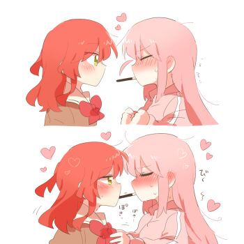 2girls blush bocchi_the_rock! bow bowtie brown_shirt closed_eyes commentary_request food from_side gotoh_hitori heart jacket kita_ikuyo long_hair long_sleeves multiple_girls nose_blush one_side_up pink_jacket pocky pocky_kiss profile rebecca_(keinelove) red_bow red_bowtie red_hair sailor_collar school_uniform shared_food shirt shuka_high_school_uniform sidelocks simple_background sweat track_jacket translation_request white_background white_sailor_collar yellow_eyes yuri