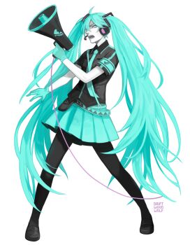 1girl black_pantyhose blue_eyes blue_gloves blue_necktie blue_shirt blue_skirt commentary_request driftwoodwolf gloves grey_shirt hair_between_eyes hatsune_miku headset holding holding_megaphone koi_wa_sensou_(vocaloid) long_hair looking_at_viewer megaphone military_uniform miniskirt necktie open_mouth pantyhose pleated_skirt shirt short_sleeves simple_background skirt solo standing teeth transparent_background twintails very_long_hair vocaloid