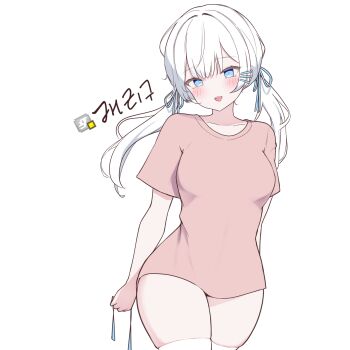 1girl arm_behind_back blue_eyes blue_ribbon blush breasts commentary_request cowboy_shot double-parted_bangs gosegu hair_ribbon highres long_hair looking_at_viewer medium_breasts open_mouth pink_shirt rapid17 ribbon shirt short_sleeves simple_background smile solo thighs translation_request twintails virtual_youtuber waktaverse white_background white_hair