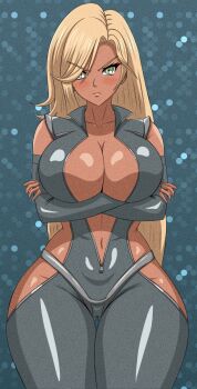 1girl action_taimanin bare_shoulders black_bodysuit blonde_hair blush bodysuit breasts camilla_lopez_(taimanin_series) crossed_arms curvy dark-skinned_female dark_skin elbow_gloves fingerless_gloves fingernails gloves green_eyes huge_breasts impossible_bodysuit impossible_clothes kedaldus lips long_hair looking_at_viewer navel parted_lips revealing_clothes shiny_clothes shiny_skin skin_tight solo standing taimanin_(series) thick_thighs thighs thong wide_hips zipper_pull_tab