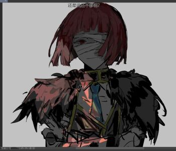 1boy art_program_in_frame bandage_over_one_eye bandaged_head bandages black_coat blue_necktie blunt_bangs coat crossed_arms employee employee_(project_moon) empty_eyes fur-trimmed_coat fur_trim lobotomy_corporation looking_at_viewer male_focus necktie nugget_(project_moon) original project_moon red_eyes red_hair shaded_face shirt short_hair smile sutoroboraito translation_request white_background white_shirt