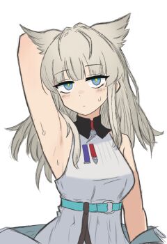 Rule 34 | 1girl, absurdres, arknights, arknights: endfield, arm behind head, armpit focus, armpits, bare shoulders, blue eyes, closed mouth, collared dress, commentary, contrast collar, dress, grey hair, highres, long hair, looking at viewer, moona izumi, o-ring, perlica (arknights), presenting armpit, sleeveless, sleeveless dress, solo, sweat, white dress, yellow pupils