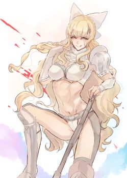 1girl axe blonde_hair bow breasts charlotte_(fire_emblem) cleavage cleft_of_venus fg_iriya fire_emblem fire_emblem_fates gorget hair_bow holding holding_weapon large_breasts licking_lips long_hair looking_at_viewer midriff navel nintendo pauldrons seductive_smile shoulder_armor simple_background smile solo tongue tongue_out wavy_hair weapon white_background