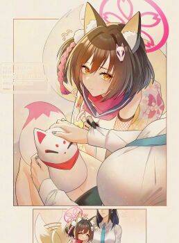 2girls ^_^ animal_ear_fluff animal_ears blue_archive blue_necktie breasts brown_hair closed_eyes closed_mouth clothes_grab commentary female_sensei_(blue_archive) flying_sweatdrops fox_ears fox_girl fox_tail grabbing_another's_sleeve hair_between_eyes hair_ornament halo headpat heart highres izuna_(blue_archive) large_breasts long_sleeves looking_at_viewer multiple_girls muutsurose necktie one_side_up orange_eyes pink_halo pink_scarf scarf sensei_(blue_archive) shirt short_hair smile tail tail_wagging white_shirt yuri