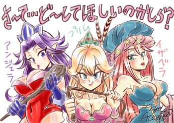 Rule 34 | 1girl, 3girls, :q, angela (seiken densetsu 3), armpits, artist name, bare shoulders, belladonna (seiken densetsu 3), blonde hair, blue eyes, blue gloves, breasts, character name, cleavage, closed mouth, collarbone, covered navel, elbow gloves, gengoro akemori, gloves, green eyes, hair ornament, hat, holding, holding staff, isabella (seiken densetsu 3), jewelry, large breasts, leotard, long hair, looking at viewer, medium breasts, multiple girls, pink lips, pointy ears, ponytail, primm (seiken densetsu 2), purple eyes, purple hair, red hair, red leotard, seiken densetsu, seiken densetsu 2, seiken densetsu 3, signature, simple background, sketch, skin tight, smile, square enix, staff, strapless, strapless leotard, tongue, tongue out, upper body, weapon, whip, white background